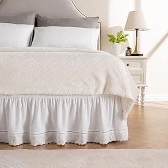 MIYE Wrap Around Ruffled Lace Bed Skirt, Elastic Dust Ruffle with Adjustable Belts, Easy to Put On, Bed Frame Cover, Machine Washable (Embroidered/White, King/Queen-12.5" Drop)