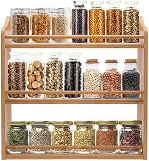 3-Tier Bamboo Spice Rack, 15.74" L x 5.11" W x 16.53" H, Wood Spice Jars Holder, Seasoning Rack Spice Bottle Shelf Organizer for Kitchen Countertop or Wall Mounting