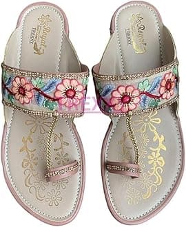Kolhapuri Embroidered Chappal for Women | Flat Fashion Sandals | Ethnic Slippers for Girls | Ethnic Flat Sandals | Toe-Ring Festive Slippers | Slip On Ethnic Flats Chappal