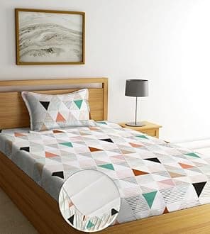 NEW LEAF Cotton Elastic Fitted Bedsheets with 1 Pillow Covers | Single Mattress Bed with All Around Elastic 210tc Supersoft | Size - 72 x 36 +6 inches | Trangle Printed, White Black & Blue