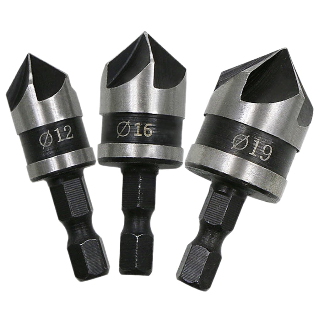 Quweiz3 Pcs Countersink Chamfer Drill Bit Set, Countersink Bore Set, 90 Degree Woodworking Chamfer Drilling Tools with 1/4Inch Hex Shank, 12mm 16mm 19mm