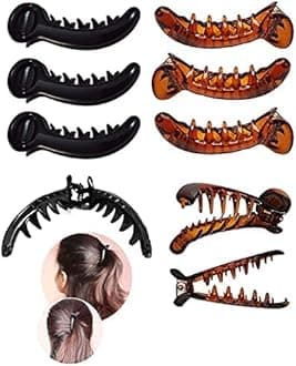 Plastic Banana Mirchi Hair Clutcher Clip Claw for Women and Girls (Medium, Black & Brown) Pack of 6 Each 3 Piece