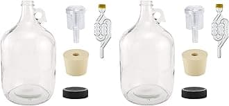 North Mountain Supply 1 Gallon Glass Fermenting Jug with Handle, 6.5 Rubber Stopper, 6-Bubble Airlock, 2-Piece Airlock & Black Plastic Lid - Set of 2