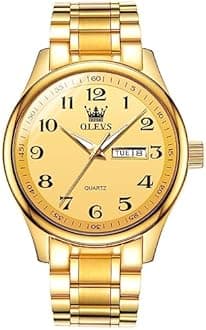 Men's Casual Stainless Steel Watch, Big Face Easy to Read Analog Quartz Watch with Day and Date, Classic Waterproof Diamond Roman Arabic Numerals Dial Dress Watch for Men, Gold Silver Black Band, Gold