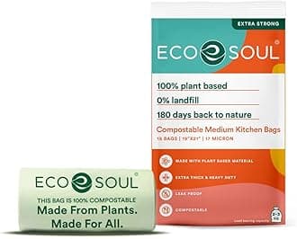 ECO SOUL [19 inch x 21 inch, 15 Bags] Medium Compostable Trash Bags Eco-friendly Non Oxo-Biodegradable Bags for Garbage Bins Heavy Duty & Leak-Resistant Home, Office & Kitchen Use (48 x 53 cm)