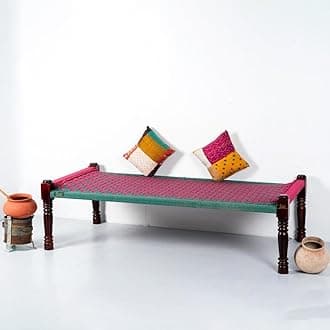 Rajasthani Wooden Khatiya Khaat | Traditional Handcrafted Wooden Charpai Bed | 6x3 Feet | Solid Wood Frame with Durable Cotton Ropes for Home, Garden, or Outdoor Use (Pink Green)