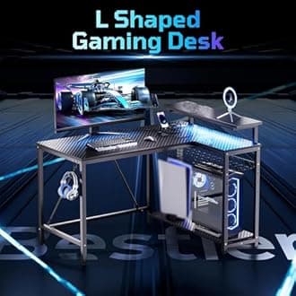 Bestier Gaming Desk with Power Outlets, 42" L-Shaped Computer Desk with LED Lights, Desk with Reversible Storage Shelves & Hooks for Small Spaces, Bedrooms & Offices, Black Carbon Fiber
