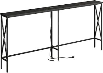 Masupu 70.9" Console Table with Power Outlet, Modern Narrow Long Sofa Table Behind Couch, Skinny Entry Table, Industrial Sofa Table with Metal Frame for Hallway, Living Room, Classic Black