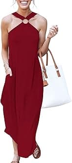 Women Summer Halter Neck Sundress Sleeveless Split Side Casual Beach Travel Vacation Maxi Long Dress with Pockets