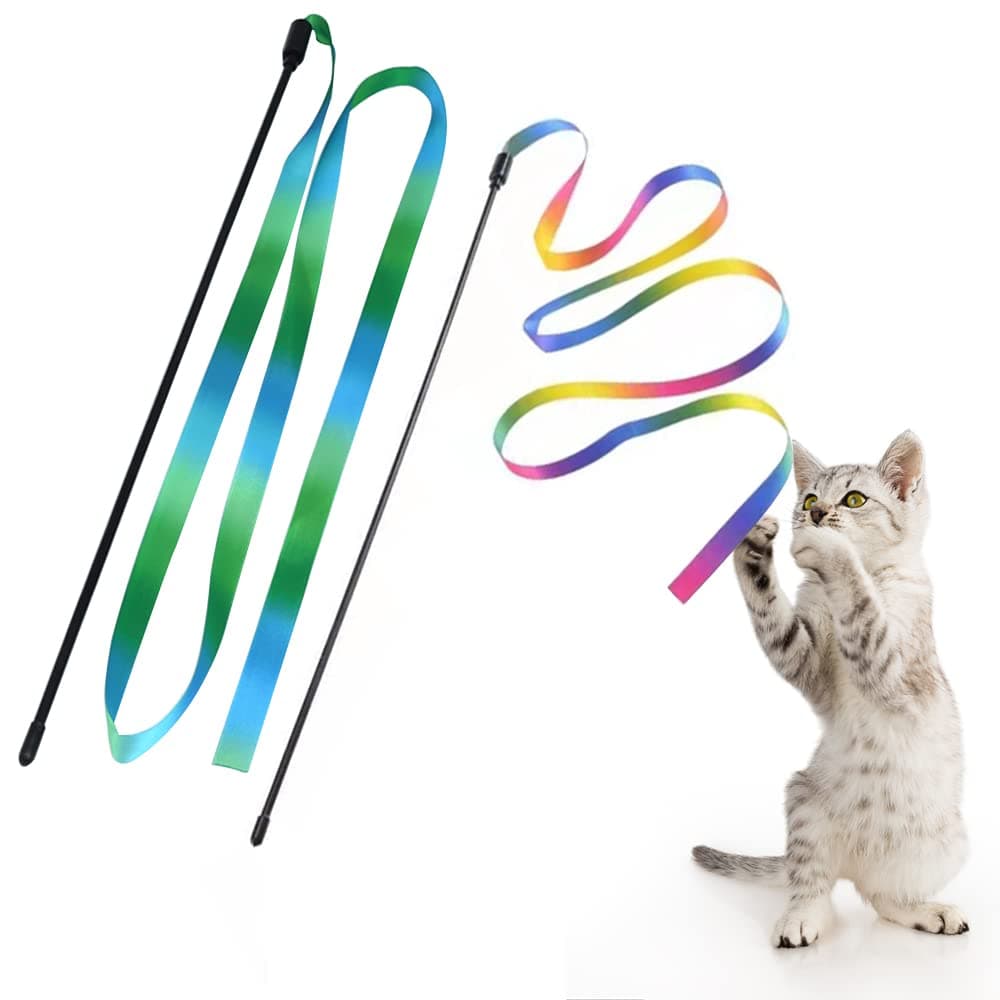 Interactive Cat Rainbow Wand Toys, Interactive Cat Teaser Wand String, Colorful Ribbon Charmer for Most Cats and Kittens - 2 PCS