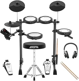 AROMA TDX-18 Electronic Drum Set with 4 Quiet Mesh Drum Pads, 2 Switch Pedal, Portable and Solid Drum Set with, Bluetooth, Drum Throne, Headphones and Sticks