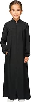Girls Abaya Muslim Dress with Front Zipper 2 Pockets Dress Long Sleeve Solid Islamic Prayer Clothes for Kids