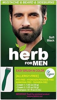 Herb For Men, PPD & Ammonia Free Mustache & Beard Dye, Vegan Natural Ingredients, Odorless, No More Skin Irritations from Coloring for Sensitive Skin – Soft Black