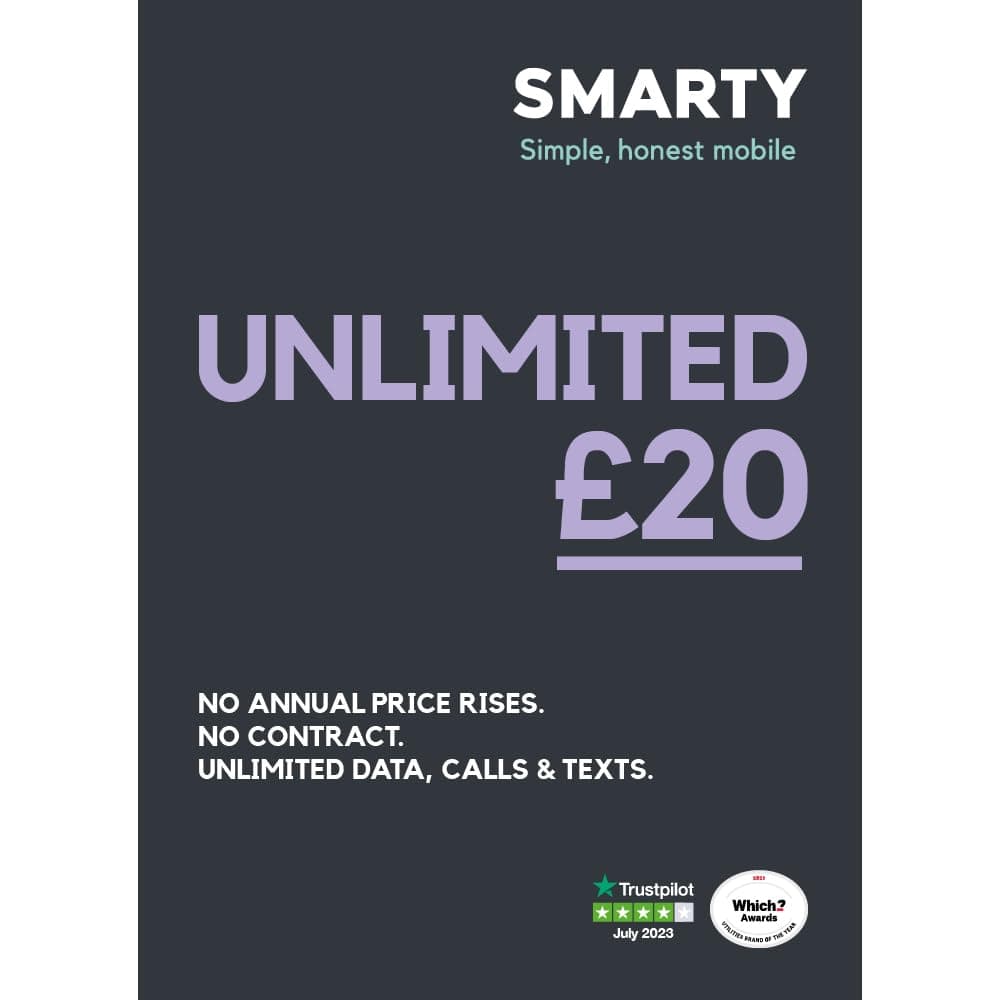 SMARTY Sim Unlimited Data for £20