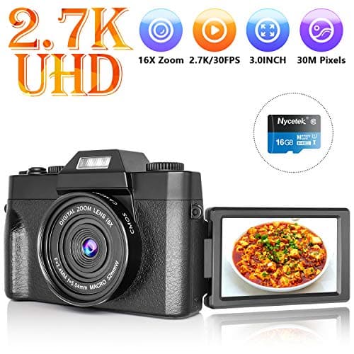 Digital Camera Vlogging Camera with 3.0inch Flip Screen, 2.7K HD Video Camera with Flashlight, 16X Powerful Zoom, Suitable for Wedding, Trip, Vlogging, Recording Life