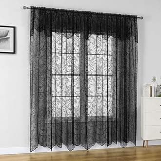 WUBODTI Gothic Black Lace Curtains with Attached Valance, Victorian Vintage Black Sheer Curtain Witchy Room Decor Floral Embroidered Curtains for Living Room Bedroom, 60" W x 72" L