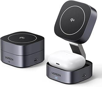 UGREEN Foldable 2-in-1 MagFlow Qi2 Wireless Charging Station 15W for Apple Magsafe Charger iPhone, Fast Magnetic Wireless Charger Stand for iPhone 17-12 Series, AirPods, iWatch - With 1M USB C Cable