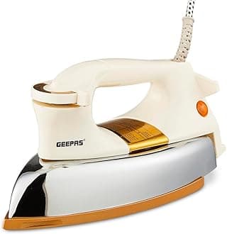 Geepas Automatic Dry Iron- GDI23011| Iron Box with Temperature Settings Dial and Auto Shut Off Function|Suitable for All Kinds of Fabric|7 Years Warranty, White and golden