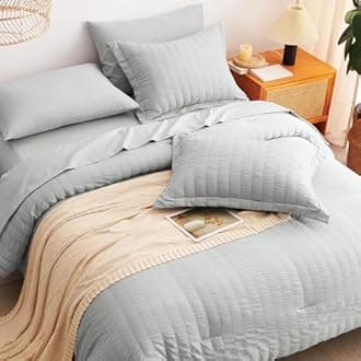CozyLux Full Bed in a Bag Light Grey Seersucker Textured Comforter Set with Sheets 7-Pieces All Season Bedding Sets with Comforter, Pillow Sham, Flat Sheet, Fitted Sheet and Pillowcase