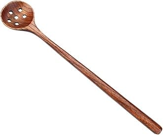 1 PC Korean Style 10.9" Long Handle Wooden Round Slotted Spoons for Jam Olive