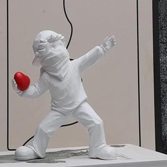 Heart Thrower Boy Decorative Statue, White Resin Sculpture, Modern Art Design, 7 x 5.5 inches