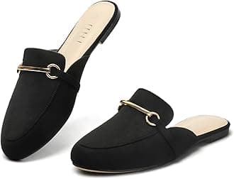 MUSSHOE Gold Buckle Mules for Women - Comfortable Memory Foam Loafers, Classy Slip On Flats for Office Business Casual, Dressy Pointed Toe Shoes