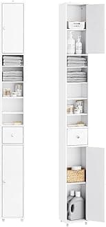 Bathroom Narrow Storage Cabinet, Skinny Tall Unit with Adjustable Shelves Slender, Bathroom Organizers and Storage, Anti-Tipping Floor Standing Cupboard Laundry Room, White BZR34-W