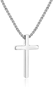 UrsteelCross Necklace for Men, Silver Black Gold Stainless Steel Cross Pendant Necklace for Men, 16-30 Inches Box Chain