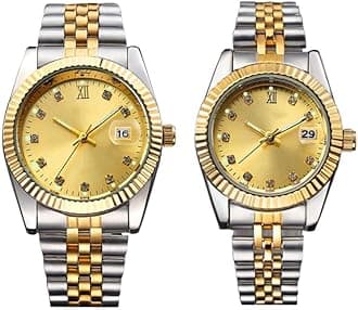 His and Her Matching Couple Watches Set Gold Silver Two Tone Stainless Steel Quartz Wristwatch with Date Luminous Hands (2 Pieces)