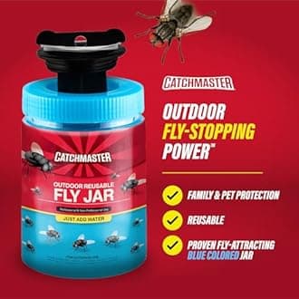 Catchmaster Fly Traps Outdoor 3-Pack with Airlock Lid for No-Mess Disposal, Pesticide-Free Hanging Fly Jars, Reusable Bug Catchers for Yard, Patio & Trash, Sets Up in Seconds