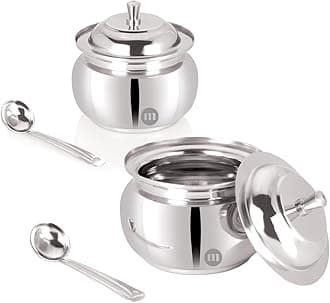 MARU Stainless Steel Ghee Pot With Spoon & Lid Set Of 2 Pcs, Elegant Ghee Dispenser Container For Kitchen Storage Set, Multipurpose Oil, Sauce, Ghee Storage Container For Kitchen, 350Ml, Silver