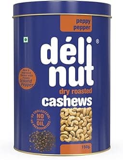 Delinut Peppy Pepper Dry Roasted Cashews/Kaju 150g | Bold & Crunchy WW240 Whole Cashew Nuts | Black Pepper Flavour | FOST Flavour Lock Technology | Nitrogen Flushed | No Added Oil, Colors or Preservatives