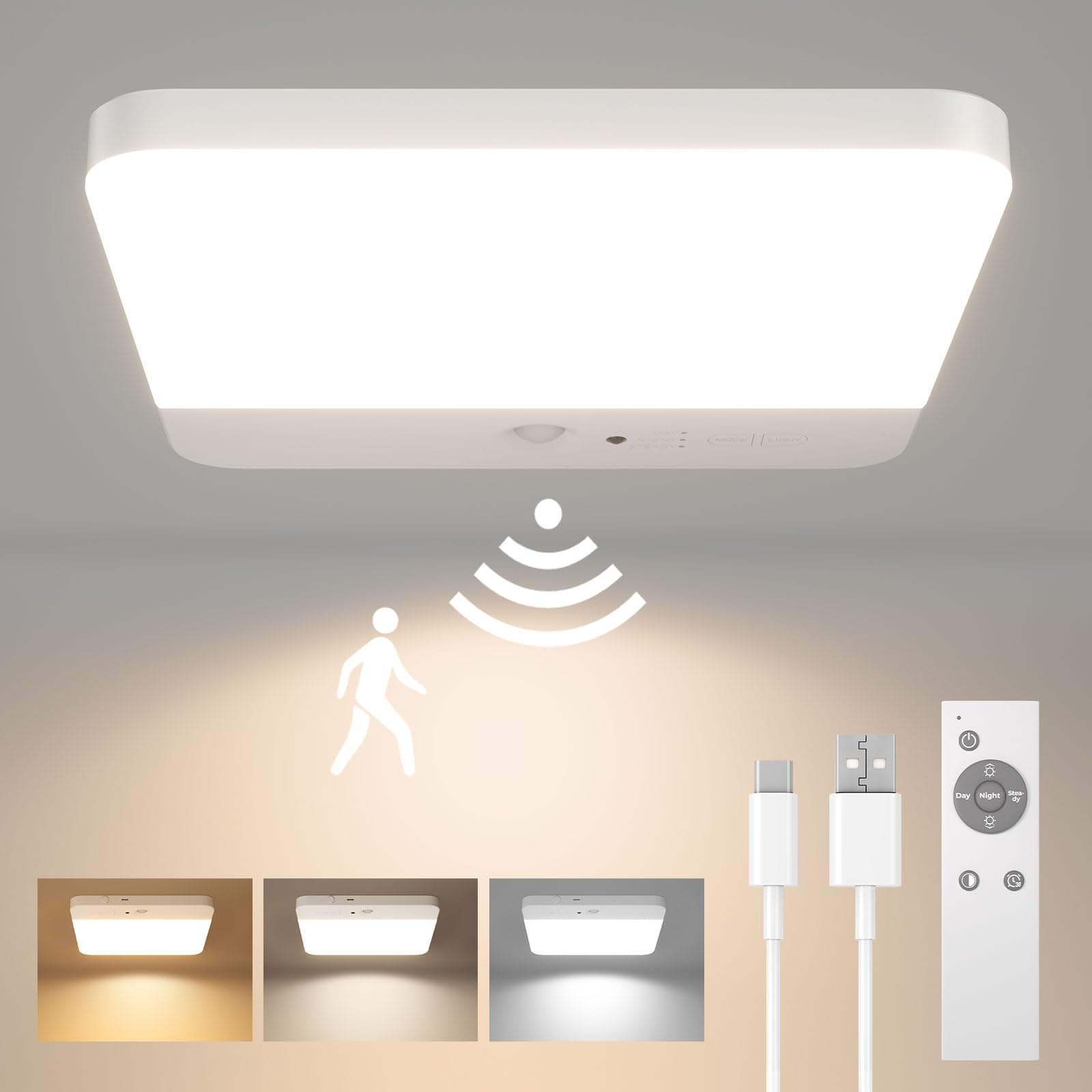 FULEN LED Ceiling Light Motion Sensor, Cordless Bathroom Ceiling Lamp Battery Operated, Rechargeable Magnetic Mount Shower Light for Bath,Porch,Stairs,Garage, 3 Color Temperatures, Remote Control