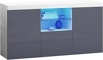 Modern Hight Gloss Front Livingroom Cabinet with 3 Door, RBG LED Cupboard Sideboard Display Storage TV Unit Stand (Grey)