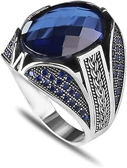 KsrModa925 Sterling Silver Men Silver Ring with Sapphire GemStone, Handmade Engraved Silver Ring, Gift for him, Minimalist Silver Ring (9)