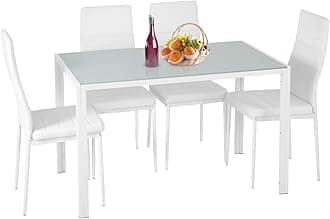 FDW | 5-Piece Dining Table Set | White | Glass Kitchen Table with 4 Upholstered Chairs and Faux Leather Cushions | Space-Saving and Modern Design | for Dining Room, Easy to Assemble