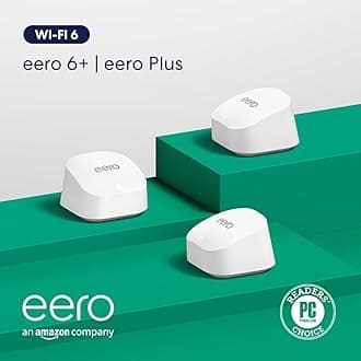 Amazon eero 6+ mesh wifi system with 1 month free eero Plus (auto-renews) - Coverage up to 4,500 sq. ft., Connect 75+ devices, 3-pack