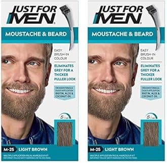 Just For Men Moustache & Beard Light Brown Dye, Eliminates Grey For a Thicker & Fuller Look With An Applicator Brush Included – M25 (Pack of 2)