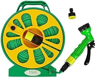 50FT Flat Hose Pipe & Reel with 7 Modes Spray Nozzle Gun Outdoor Plants Watering (Green+Yellow)