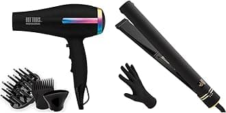 Professional Rainbow Turbo Ceramic Hair Dryer | 1875W Powerful and Quiet Blowouts & Pro Artist Black Gold Evolve Ionic Salon Hair Flat Iron | Long-Lasting Finish for Straightening Hair,