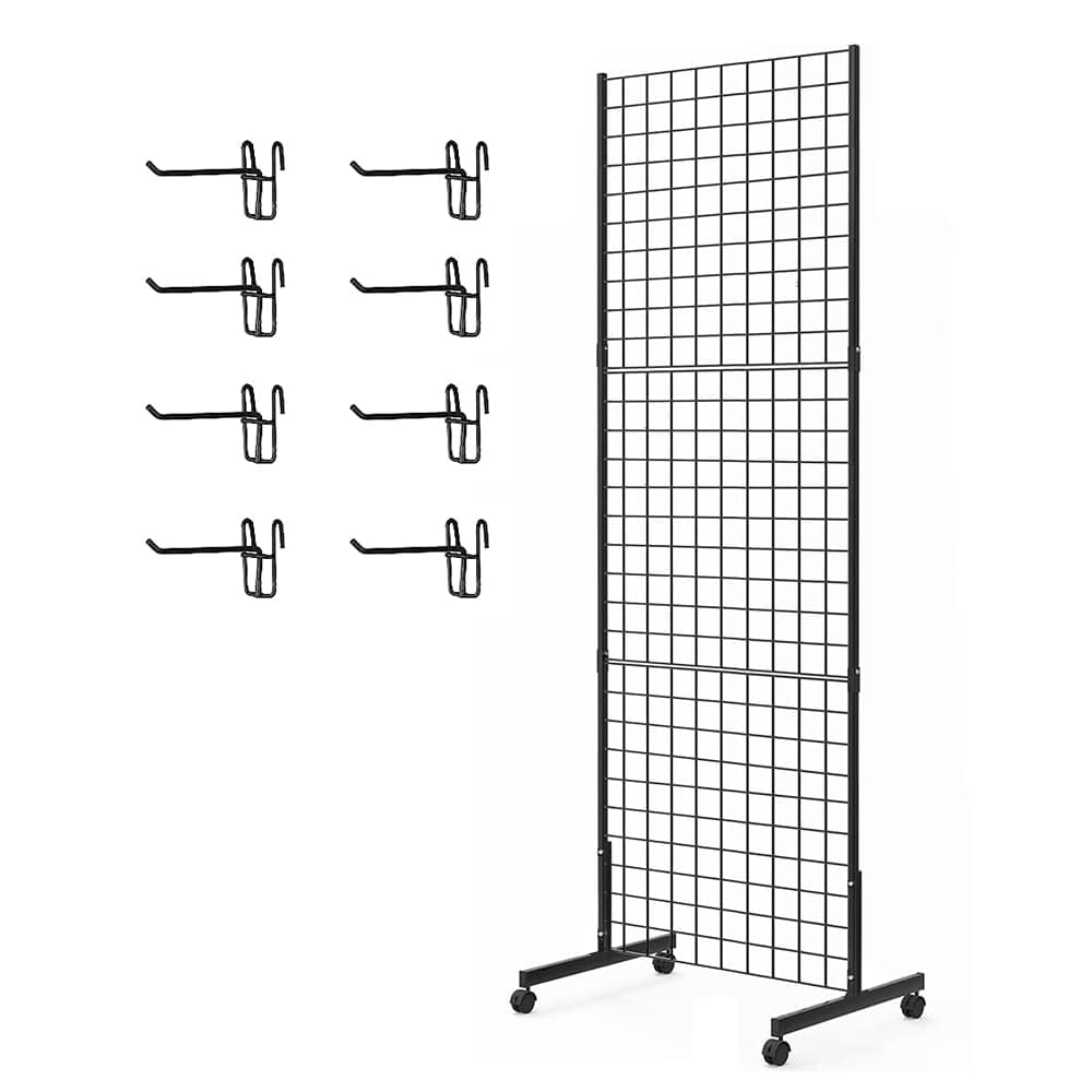 Eastern Tree 1 Pack 2'x 5' Three Pieces Gridwall Panels Stand with T-Base, Black Wire Grid Wall Rack with Wheels, Craft Display Rack, Retail Display Stand, Extra More 8 Pieces Hooks