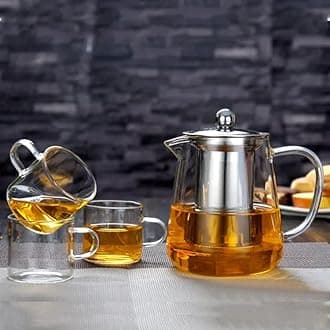 Borosilicate Glass Round Tea Pot with Heat Resistant Stainless Steel Infuser Perfect for Tea and Coffee Maker, Clear Glass Kettle with 4 Cups (750 ML, Round Kettle with Cups)