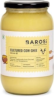 Barosi Premium Cultured Desi Cow Ghee 1 Litre | Vedic Bilona Method | Churned From Curd | Pure & Natural | Farm Made In Small Batches | Glass Jar Packing