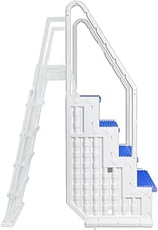 Everest in Pool Step and Outside Flip Up Ladder System | White with Blue Steps | for Above Ground Swimming Pools | Wide Steps for Added Stability | Safety Stairs Capacity Up to 350 lbs