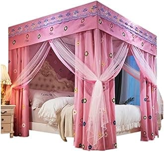Bed Curtain Four Poster Bed Canopy Mosquito Net Double Layer Princess Blackout Curtains Canopy with Frame 18 - Hole Mesh Design Exquisite Bedroom Decoration (pink,150 * 200 * 200)