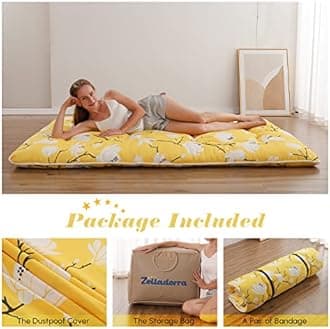 Japanese Floor Mattress, Futon Mattress with Portable Storage Bag and Washable Cover, Roll Up Thick Tatami Mat Suitable for Camping, Guest Room, Yellow Flower, Twin