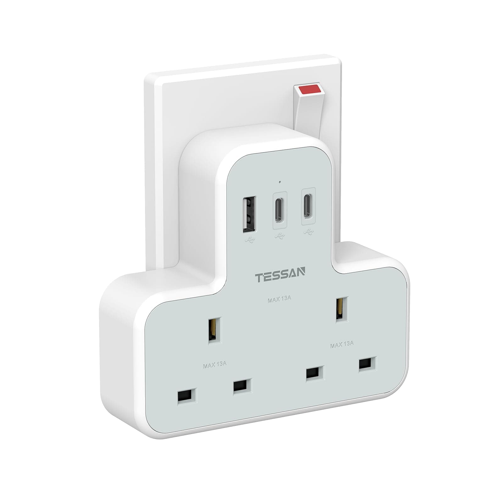 Plug Extension Socket with 3 USB, TESSAN Double Plug Adaptor UK, 2 Way Adapter with USB C Charger, MultiPlug Adaptor Compatible for Room, Office and Kitchen Supplies
