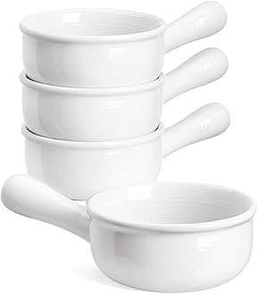 LE TAUCI French Onion Soup Bowls, 15 Ounce Ceramic Soup Bowls with Handles, for Chili, Beef Stew, Oven Microwave Dishwasher Safe, Set of 4, White