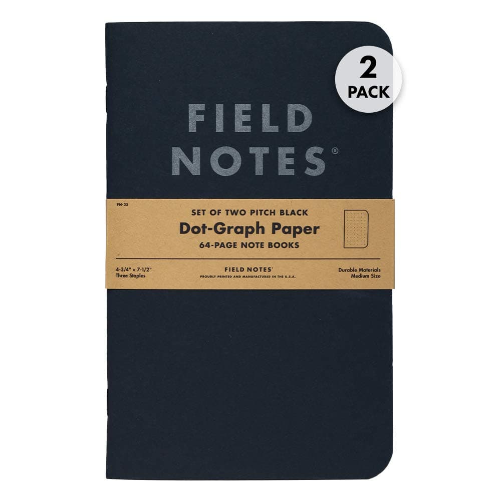 2-Pack Pitch Black Notebooks (4.75" X 7.5"), Dot-graph, 64 Pages | Thin Pocket Sized EDC Notebook With 90 GSM Paper & Paperback Cover | Work Notebooks For Note Taking | Made in the USA