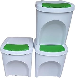 Stolmet Large Stackable Recycling Bins Set of 3x25L (Brand KrysGo) - Customizable Lids with Recycling Stickers - Waste Sorting for Home, Kitchen, Office (White + Green)
